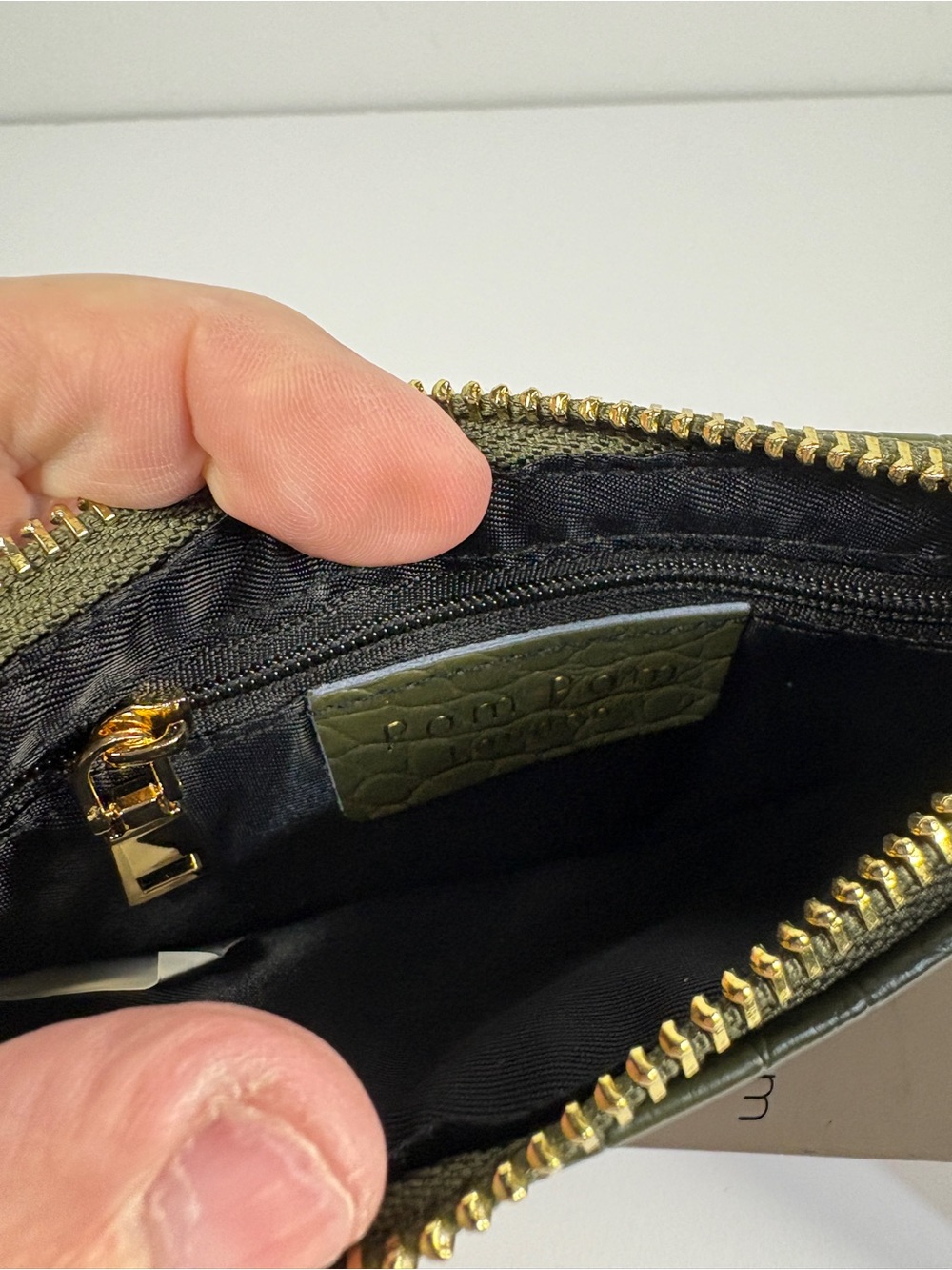 Pom Pom London Chelsea Coin Purse Olive Green Croc Leather NWT Minimalist Travel - Picture 9 of 12